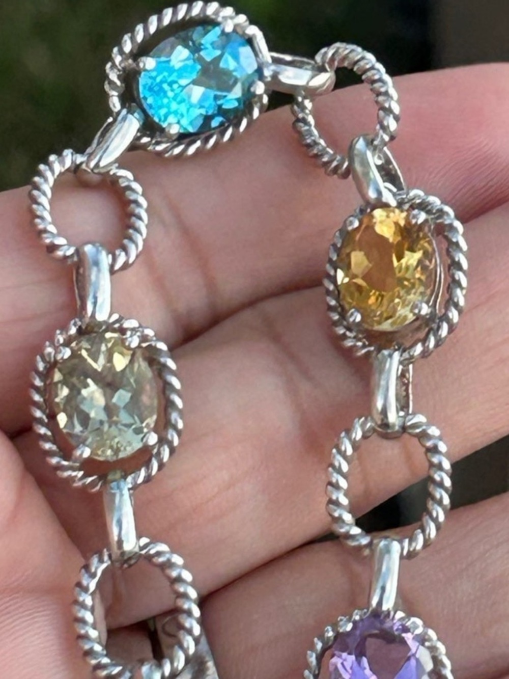 Sterling silver Multi Gem Sky Blue Topaz Amethyst Citrine link station bracelet